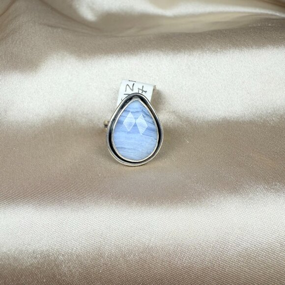 Sterling Blue Lace Agate Teardrop Cabochon Gemstone Silver Ring Jewelry SIze 7 - Picture 1 of 5